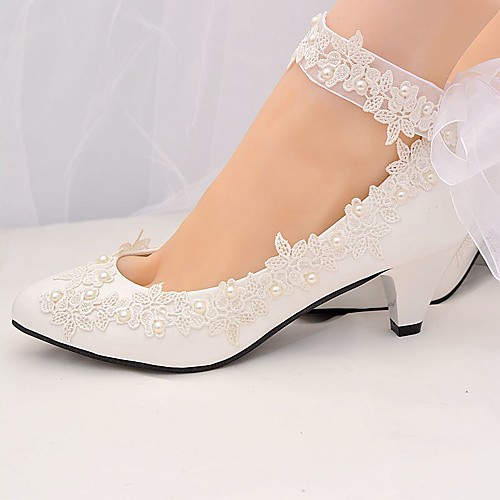 

Women's Wedding Shoes Mesh Spring / Summer / Fall Cone Heel Pointed Toe Sweet Wedding Party & Evening Pearl Solid Colored Lace Walking Shoes White