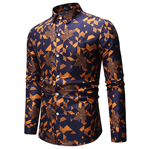 

Men's Shirt Check Geometric Print Long Sleeve Daily Wear Tops Basic Red Yellow Orange