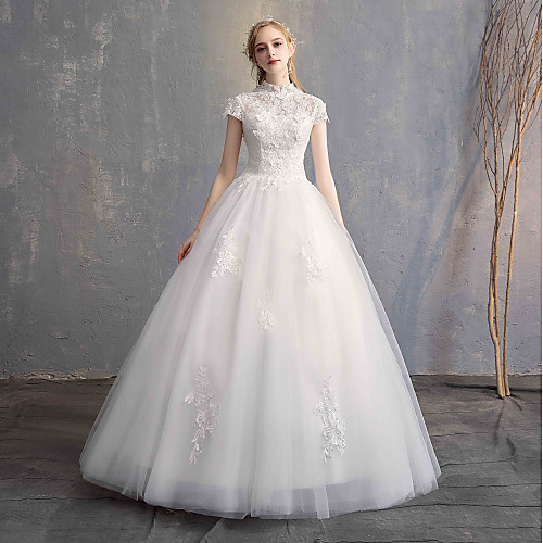 

Ball Gown Wedding Dresses High Neck Floor Length Lace Tulle Lace Over Satin Short Sleeve Vintage Illusion Sleeve with Appliques 2020