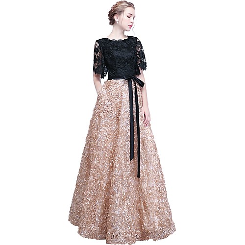 

A-Line Elegant Formal Evening Wedding Party Dress Jewel Neck Short Sleeve Floor Length Lace with Embroidery 2021