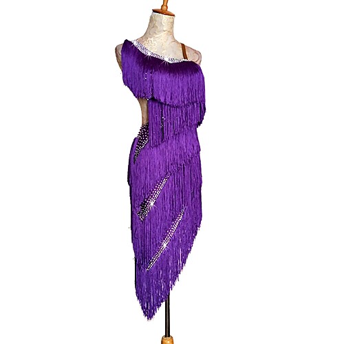 

Latin Dance Dress Tassel Crystals / Rhinestones Women's Training Performance Sleeveless High Spandex Tulle