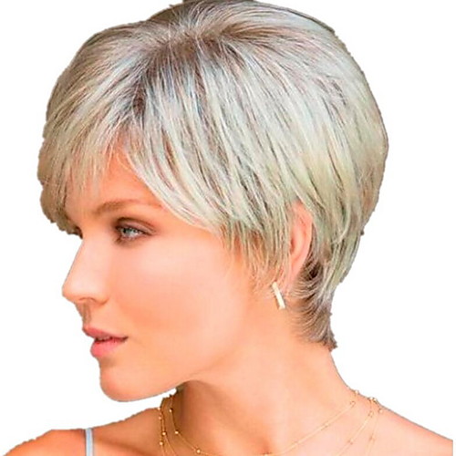 

Costume Accessories Straight With Bangs Wig Short Light golden Synthetic Hair 26 inch Women's Women Dark Gray
