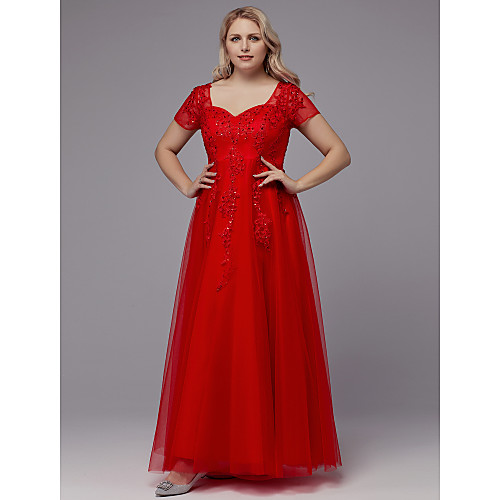 

A-Line Elegant Prom Formal Evening Dress Queen Anne Short Sleeve Floor Length Lace Tulle with Beading Appliques 2021