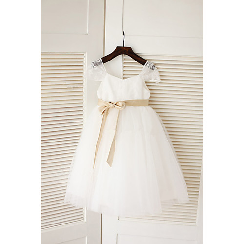 

A-Line Tea Length Wedding / First Communion Flower Girl Dresses - Lace / Satin / Tulle Sleeveless Jewel Neck with Belt