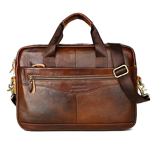 

Men's Bags Cowhide Shoulder Messenger Bag Laptop Bag Briefcase Belt Zipper Solid Color Daily Office & Career Handbags Black Brown