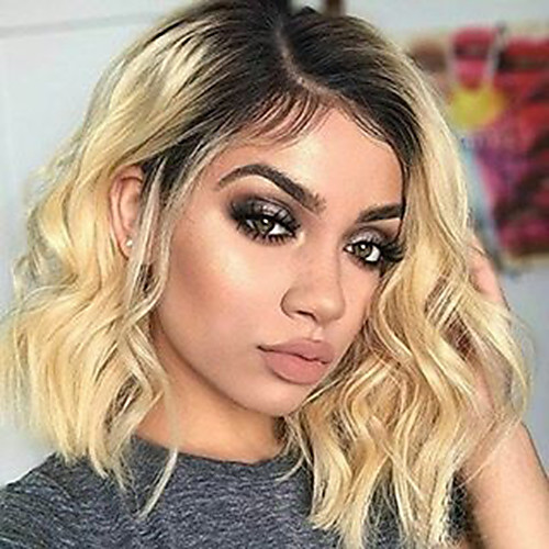 

Virgin Human Hair Lace Front Wig Bob Deep Parting Beyonce style Brazilian Hair Wavy Blonde Wig 150% Density with Baby Hair Thick with Clip With Bleached Knots Women's Short Human Hair Lace Wig