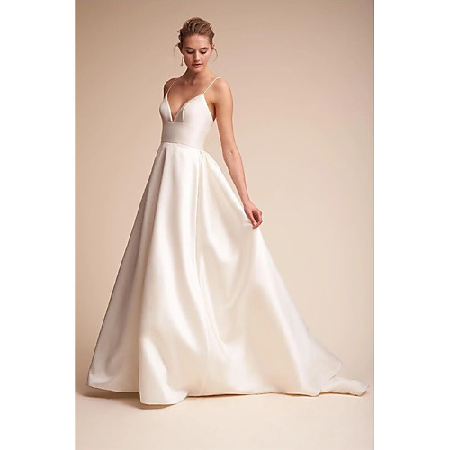 

A-Line Wedding Dresses V Neck Court Train Satin Spaghetti Strap Little White Dress Open Back Sexy with Draping Side-Draped 2020 / Beautiful Back