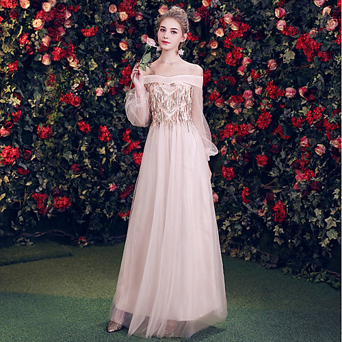 

A-Line Off Shoulder Floor Length Tulle Bridesmaid Dress with Sequin