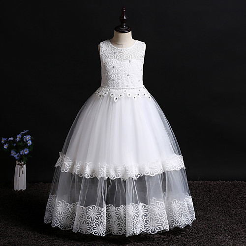 

Princess Floor Length Wedding / First Communion / Pageant Flower Girl Dresses - Lace / Tulle Sleeveless Jewel Neck with Appliques / Solid