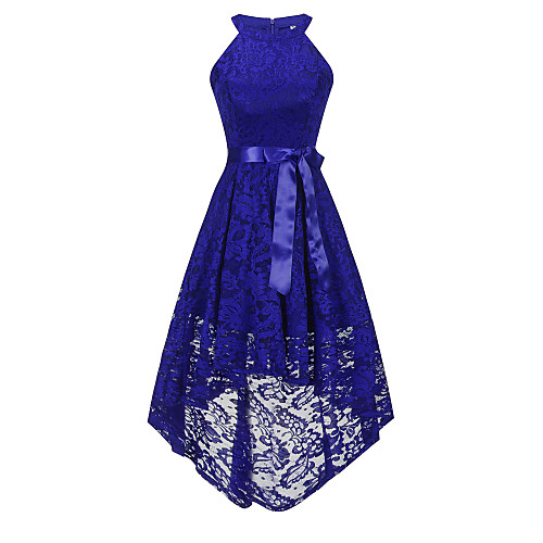 

A-Line Hot Blue Homecoming Cocktail Party Dress Halter Neck Sleeveless Asymmetrical Lace with Sash / Ribbon Bow(s) 2020