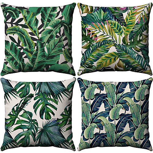 

Set of 4 Cotton / Linen Pillow Case, Botanical Pattern Patterned Tropical Throw Pillow