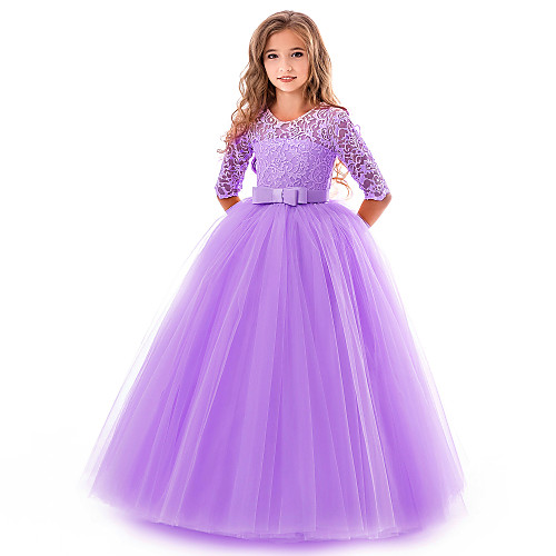 

Princess Long Length Wedding / Party / Pageant Flower Girl Dresses - Lace / Tulle Half Sleeve Jewel Neck with Lace / Belt / Bow(s)