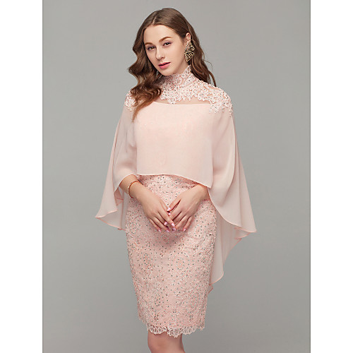 

Sheath / Column Chinese Style Wedding Guest Cocktail Party Dress High Neck Sleeveless Knee Length Chiffon Lace with Appliques 2021