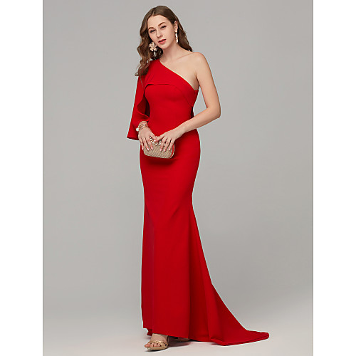 

Mermaid / Trumpet Sexy Red Engagement Formal Evening Dress One Shoulder Sleeveless Sweep / Brush Train Crepe Jersey with Draping 2020