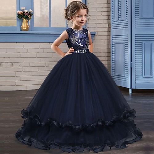 

Princess Long Length Wedding / Party / Pageant Flower Girl Dresses - Lace / Tulle Sleeveless Jewel Neck with Crystals / Embroidery