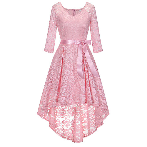

A-Line Elegant Vintage Inspired Homecoming Prom Dress V Neck 3/4 Length Sleeve Asymmetrical Ankle Length Lace with Sash / Ribbon 2021