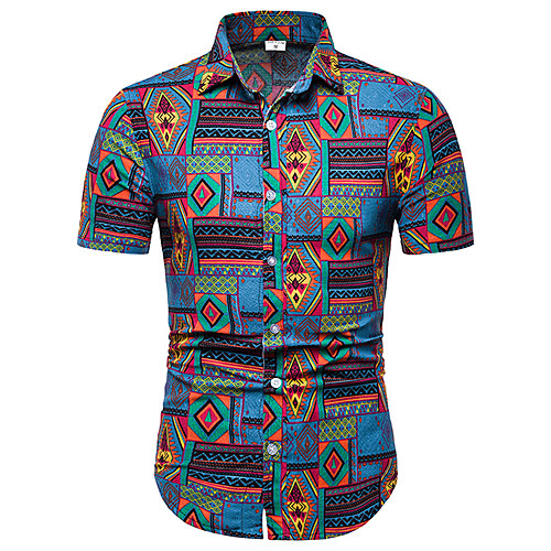 

Men's Shirt Graphic Color Block Tribal Print Short Sleeve Street Tops Punk & Gothic Blue