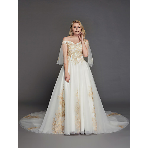 

Ball Gown Wedding Dresses Off Shoulder Court Train Tulle Sleeveless Glamorous Plus Size with Lace Appliques 2021