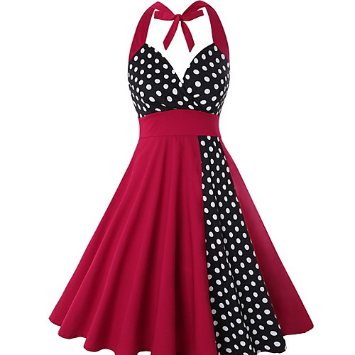 

Women's Elegant Sheath Dress - Polka Dot Print Halter Neck Wine XL XXL XXXL