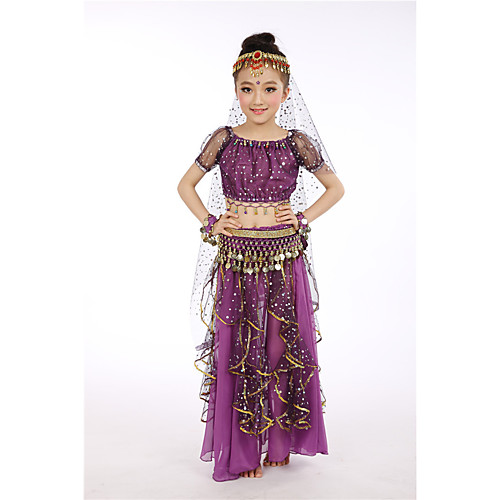 

Indian Girl Bollywood Kid's Girls' Asian Sequins Belly Dance Costume For Halloween Performance Festival Sequin Polyster Long Length Top Skirt Headpiece Headband Wristlet Sash / Ribbon