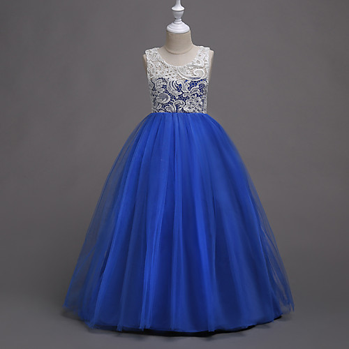 

Princess Long Length Wedding / Party / Pageant Flower Girl Dresses - Lace / Satin / Tulle Sleeveless Jewel Neck with Lace