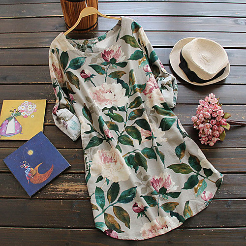 

Women's White Navy Blue Dress Basic Tunic Floral Print M L Loose / Cotton