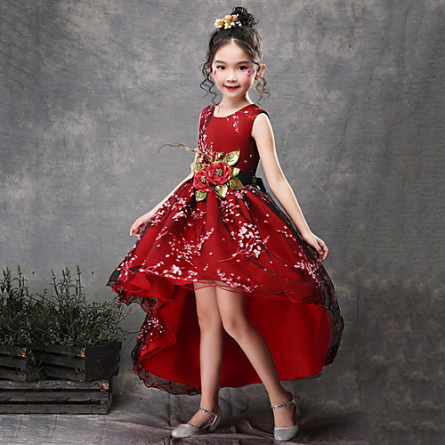 

Princess Asymmetrical Wedding / Party / Pageant Flower Girl Dresses - Satin / Tulle Sleeveless Jewel Neck with Belt / Appliques