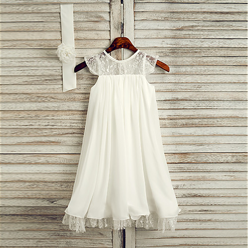 

A-Line Tea Length Wedding / First Communion / Holiday Flower Girl Dresses - Lace / Satin Chiffon Sleeveless Jewel Neck with Sash / Ribbon