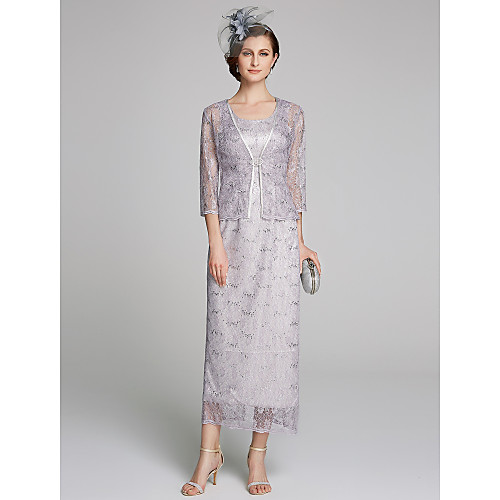 

Sheath / Column Mother of the Bride Dress Scoop Neck Tea Length Lace 3/4 Length Sleeve with Lace 2021