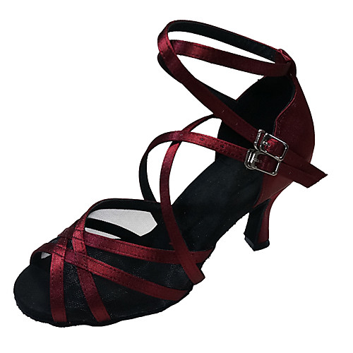 

Women's Dance Shoes Satin Latin Shoes Heel Slim High Heel Dark Red / Leather / Practice