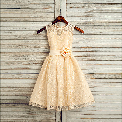 

A-Line Tea Length Wedding / First Communion / Pageant Flower Girl Dresses - Lace / Satin Sleeveless Jewel Neck with Sash / Ribbon