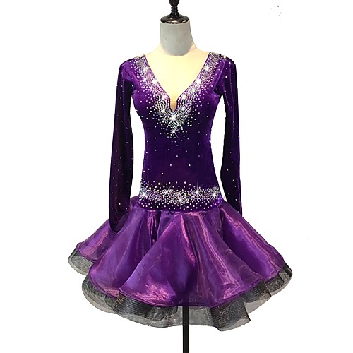 

Latin Dance Dress Crystals / Rhinestones Women's Training Performance Long Sleeve High Spandex Organza