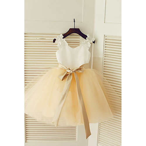 

A-Line Tea Length Wedding / First Communion / Pageant Flower Girl Dresses - Satin / Tulle Sleeveless Strapless with Belt