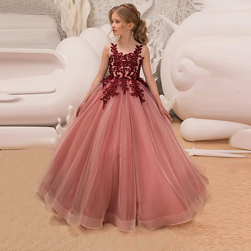 

Princess Long Length Wedding / Party / Pageant Flower Girl Dresses - Lace / Tulle Sleeveless Jewel Neck with Lace / Belt / Appliques