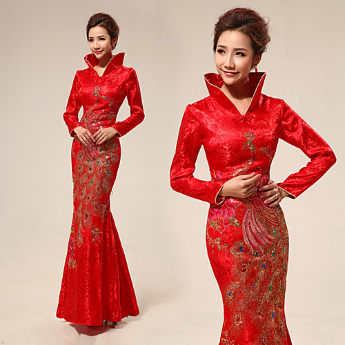 

Adults' Women's Designed in China Chinese Style Wasp-Waisted Chinese Style Cheongsam Qipao For Performance Engagement Party Bridal Shower Cotton Long Length Cheongsam