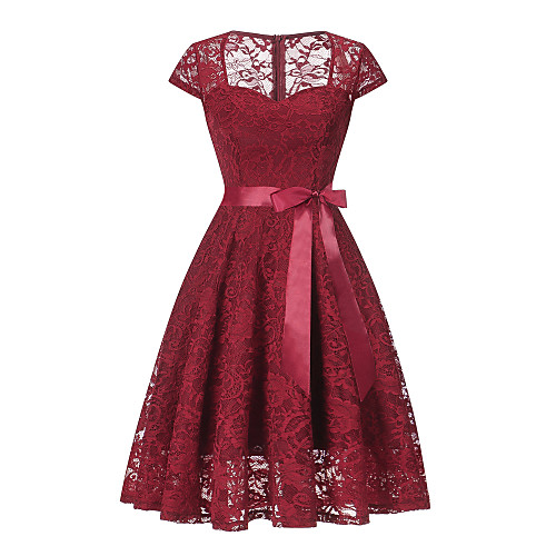 

A-Line Vintage Homecoming Cocktail Party Valentine's Day Dress Queen Anne Short Sleeve Short / Mini Lace with Sash / Ribbon Lace Insert 2021