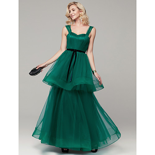 

A-Line Minimalist Prom Formal Evening Dress Sweetheart Neckline Sleeveless Floor Length Tulle with Pleats 2021