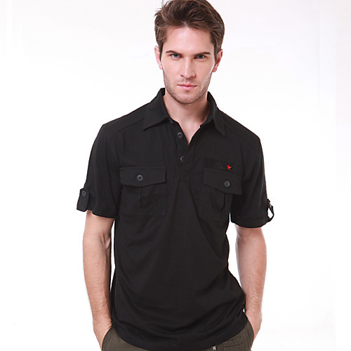 

Men's Hiking Tee shirt Short Sleeve Standing Collar Tee Tshirt Top Outdoor Breathable Stretchy Comfortable Autumn / Fall Winter Cotton Solid Color Black Hunting Military / Tactical Camping / Hiking