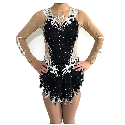 

Rhythmic Gymnastics Leotards Artistic Gymnastics Leotards Women's Girls' Leotard Black Spandex High Elasticity Handmade Jeweled Rhinestone Long Sleeve Competition Ballet Dance Ice Skating Rhythmic