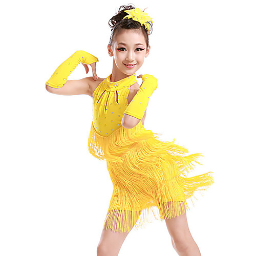 

Latin Dance Kids' Dancewear Dress Tassel Crystals / Rhinestones Girls' Training Performance Sleeveless Polyester