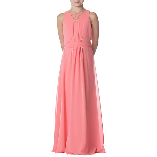 

Sheath / Column Jewel Neck Floor Length Chiffon Junior Bridesmaid Dress with Pleats / Bandage