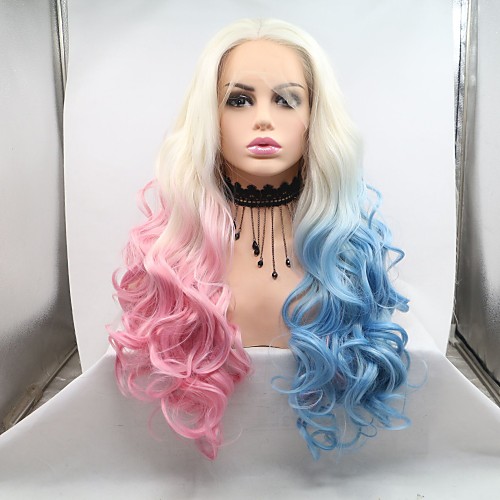 

Synthetic Lace Front Wig Curly Deep Wave Layered Haircut Lace Front Wig Pink Long Light Blue Synthetic Hair 24 inch Women's Women Ombre Hair Blue Pink Sylvia