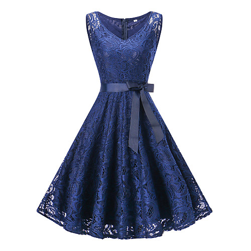 

A-Line Hot Blue Homecoming Cocktail Party Dress V Neck Sleeveless Knee Length Lace with Bow(s) Lace Insert 2020