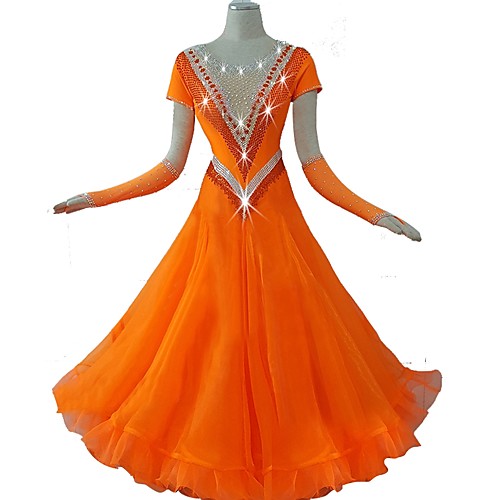 

Ballroom Dance Dress Crystals / Rhinestones Women's Training Short Sleeve High Nylon Organza Tulle