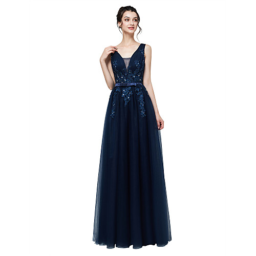 

A-Line Beautiful Back Floral Engagement Formal Evening Dress V Neck Sleeveless Floor Length Tulle with Sash / Ribbon Bow(s) Beading 2021