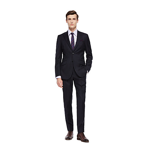 

Black Solid Colored Standard Fit Wool Suit - Peak Single Breasted Two-buttons