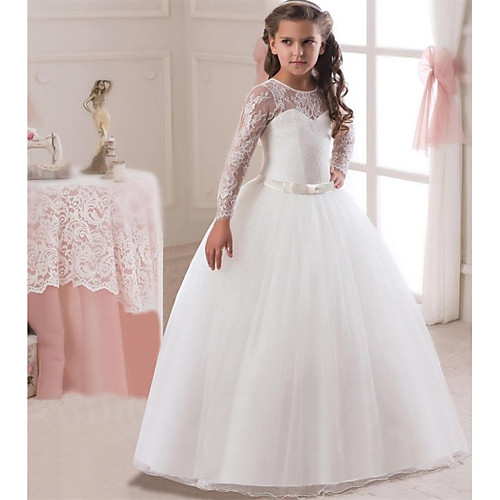 

Princess Long Length Wedding / First Communion Flower Girl Dresses - Lace / Satin / Tulle Long Sleeve Jewel Neck with Lace / Belt