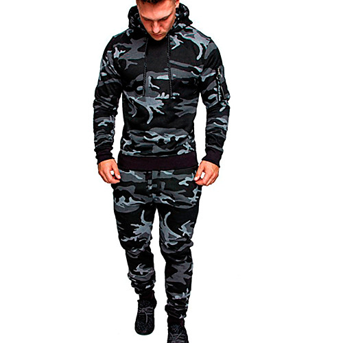 

Men's Activewear Set Solid Colored / Camo / Camouflage Hooded Basic Black Army Green Khaki Green Light gray Dark Gray Gray M L XL XXL XXXL