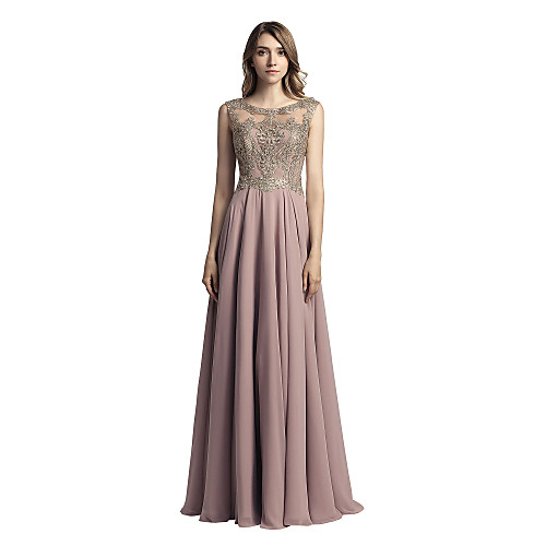 

A-Line Glittering Elegant Wedding Guest Formal Evening Dress Illusion Neck Sleeveless Floor Length Chiffon with Crystals Appliques 2021