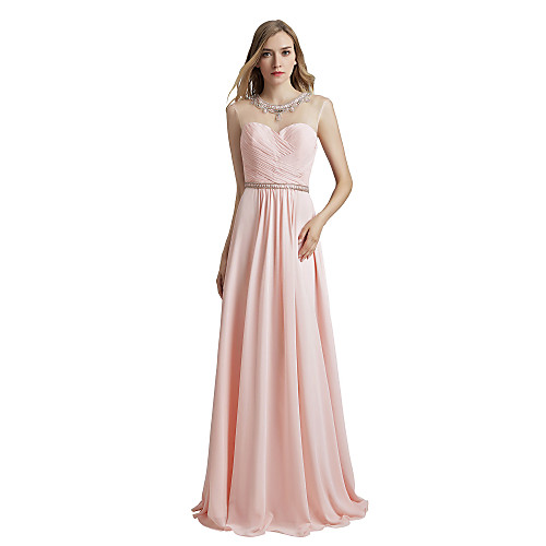 

A-Line Luxurious Elegant Engagement Formal Evening Dress Illusion Neck Sleeveless Floor Length Chiffon with Sash / Ribbon Pleats Beading 2021